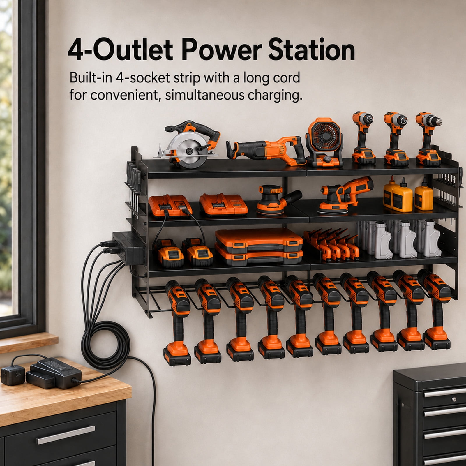 Alvantor 4-Tier Electric Tool Storage Rack with Charging Station, Power Tool Organizer with Screwdriver/Hammer/Air Tool Rack