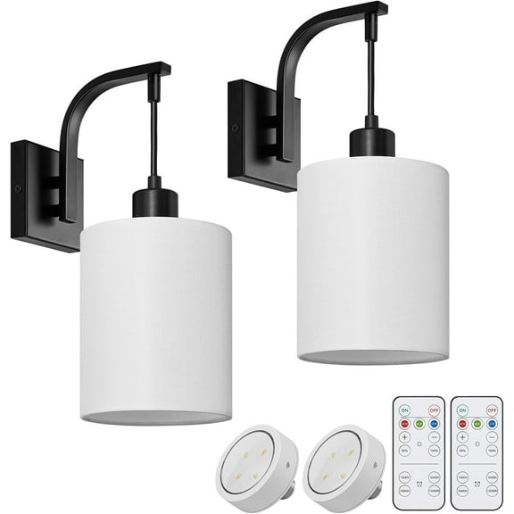 SURAIELEC Battery Operated Wall Sconces Set of Two, Wireless Sconces Wall Decor with Remote Control, 3 Color Temperatures, Dimmable Indoor Wall Lights for Living Room Bedroom, White Linen Shade