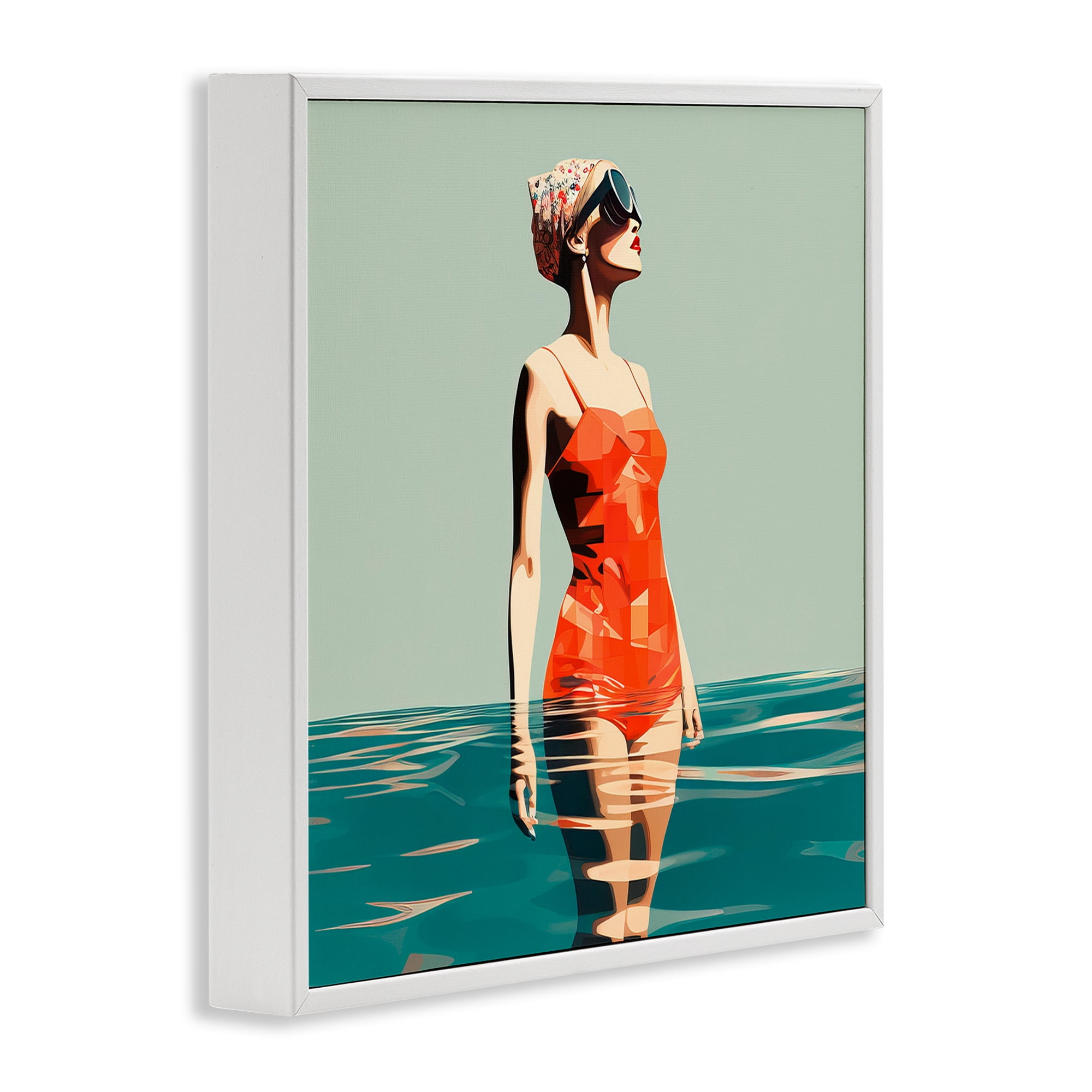 Stupell Industries Retro Woman in Swimsuit Novelty Painting White Framed Art Print Wall Art, 12 x 12