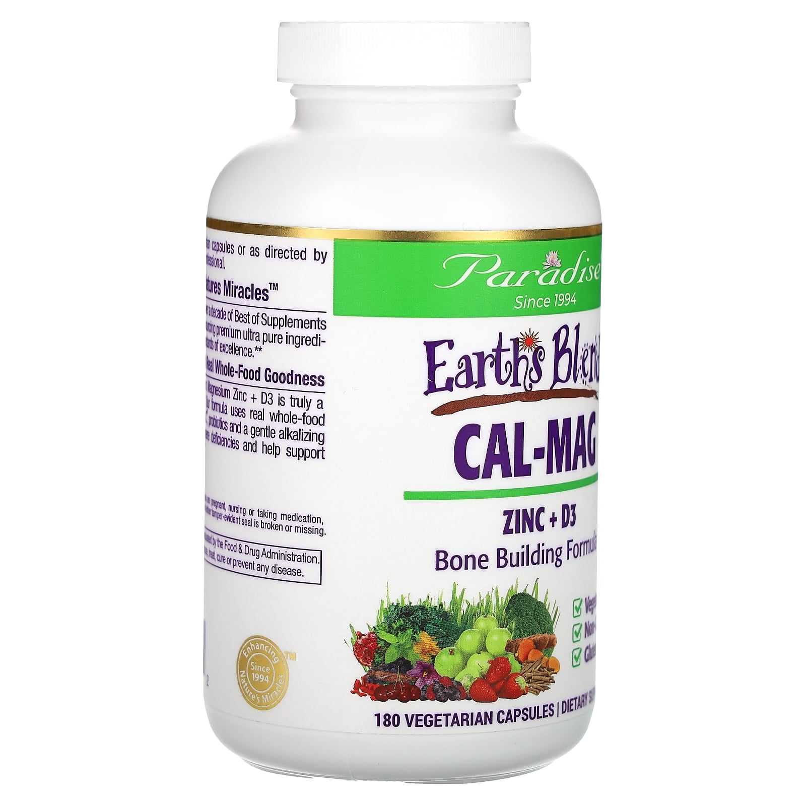 Paradise Herbs Earth's Blend, Cal-Mag Zinc + D3, 180 Vegetarian Capsules