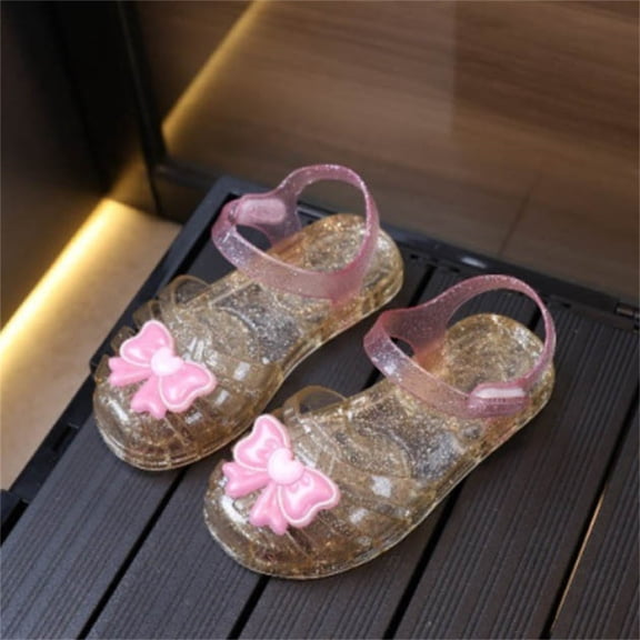 Avrnliq Girls Gold Glitter Jelly Sandals with 3D Bow, Kids/Little Kid/Big Kid Waterproof Open Toe Summer Beach Water Shoes,Size 33