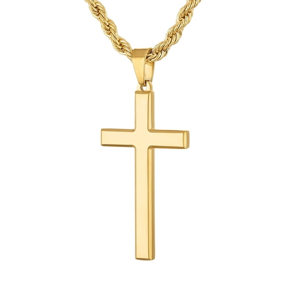 14K Gold Plated 4mm Rope Chain Style Cross Pendant Necklace Solid Clasp Stainless Steel for Men,Women,Teens