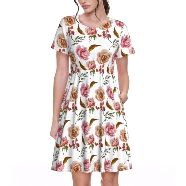 Saiise Robe d'Été à Motif de Fleurs Roses pour Femmes, T-Shirt Décontracté à Manches Courtes, Robe Soleil Fleurie, Sortie de Plage avec Poches