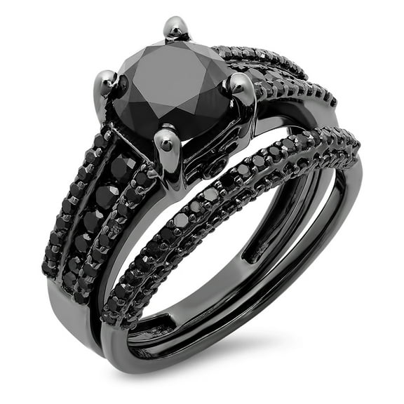 2.85 Carat (ctw) Black Rhodium Plated Sterling Silver Black Diamond Ladies Bridal Engagement Ring Set