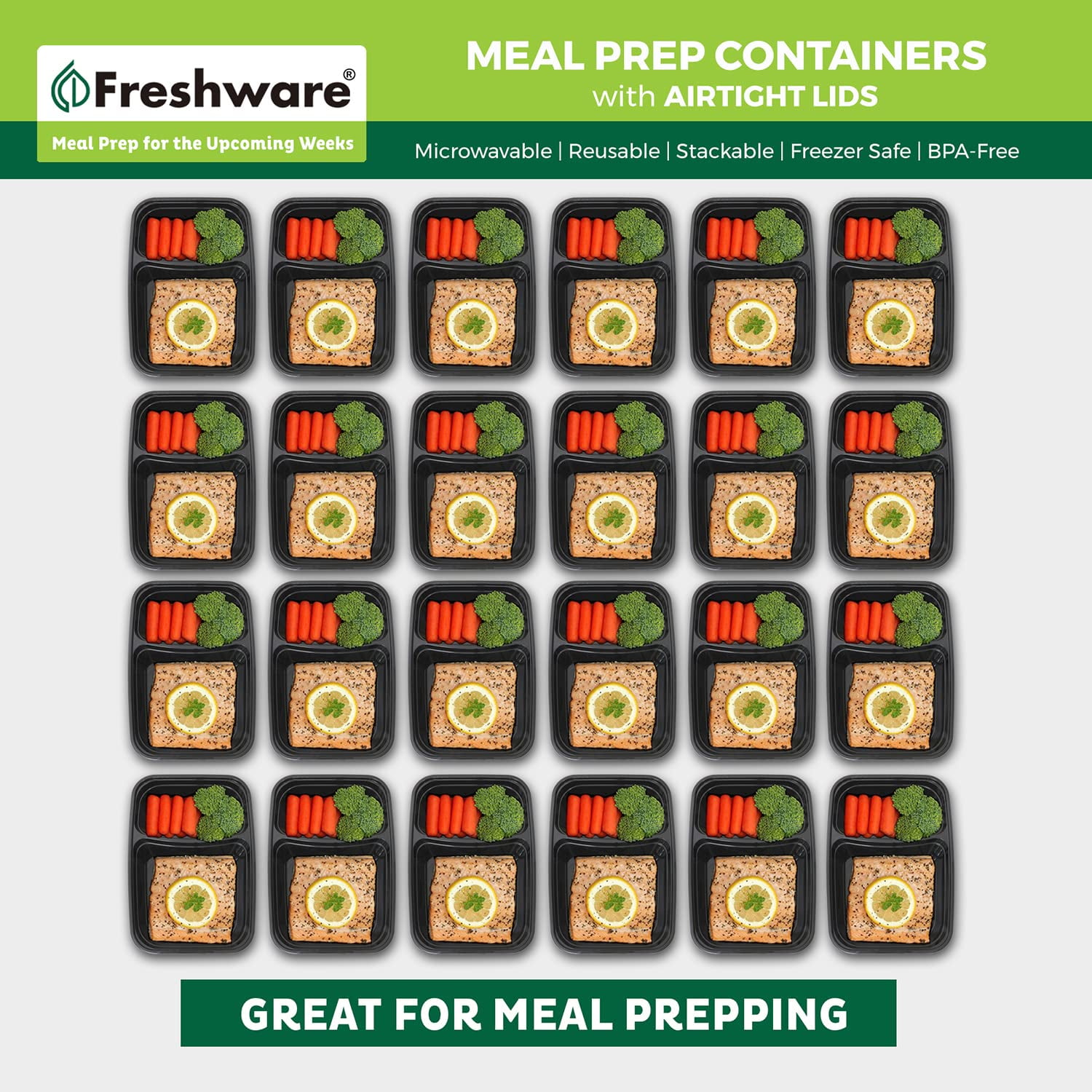 Freshware Meal Prep TWE5&nbsp;Containers [15 Pack] 2 Compartment with Lids, Food Storage Containers, Bento Box, BPA Free, Stackable, Microwave/Dishwasher/Freezer Safe (28 oz)