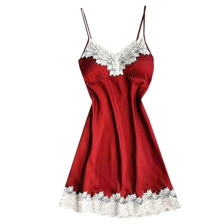 YWDJ Silk Pajamas for Women Women Lace Nightwear Underwear Robe Babydoll Sleepwear Dress Red M