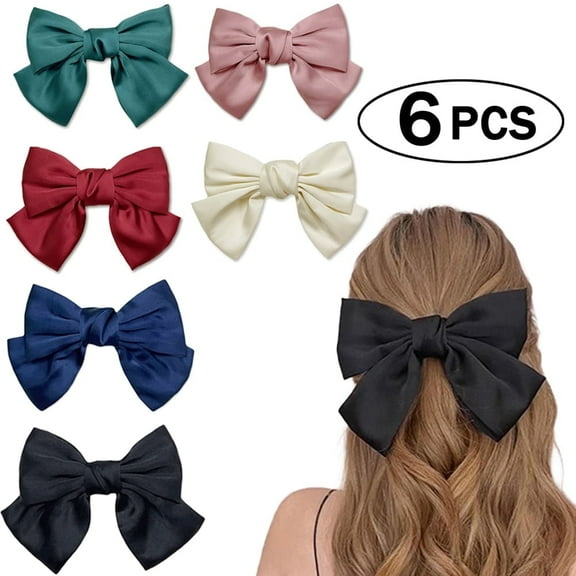 Women's Classic Satin Bow Hair Clips 6-Pack, Metal Barrettes for All Hair Types