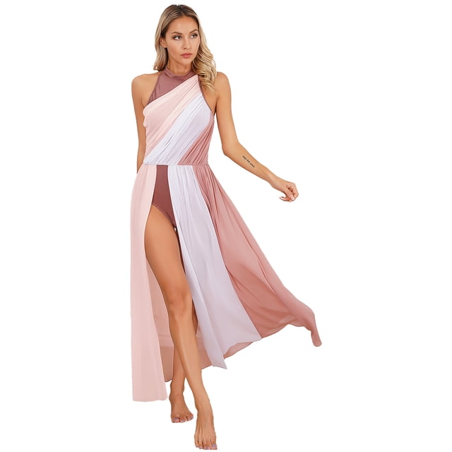 iiniim Robe de Danse Lyrique pour Femmes à Dos Nu à Blocs de Couleur Robe Maxi Fluide pour Ballet Moderne Contemporain Rose Poudré TTG