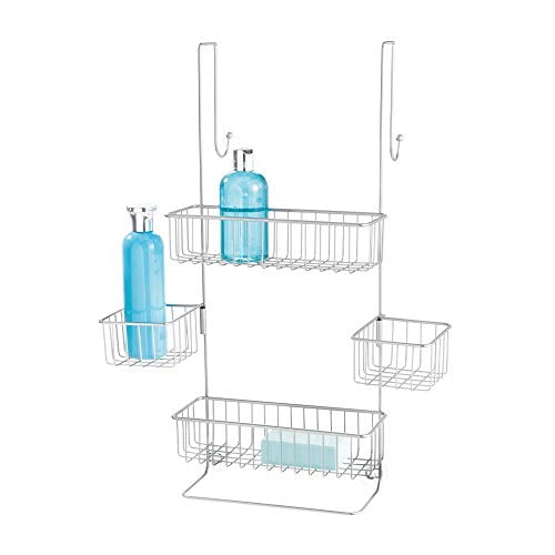 iDesign Metalo Metal Bathroom Over The Door Shower Caddy with Storage Baskets Shelves for Shampoo, Conditioner, Soap, Loofahs, Hand Towels, 10.5" x 8.25" x 22.75", Silver
