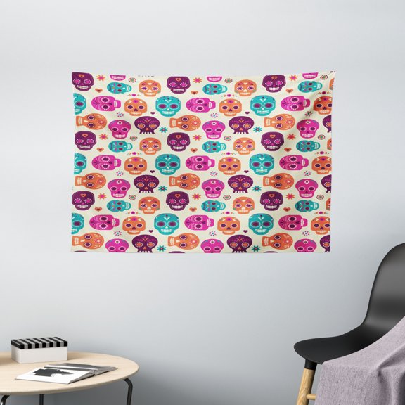 Sugar Skull Decor Tapestry, Cute Colorful Skull Silhouettes Hearts and Flowers Carnival Celebration, Wall Hanging for Bedroom Living Room Dorm Decor, 60W X 40L Inches, Multicolor, by Ambesonne