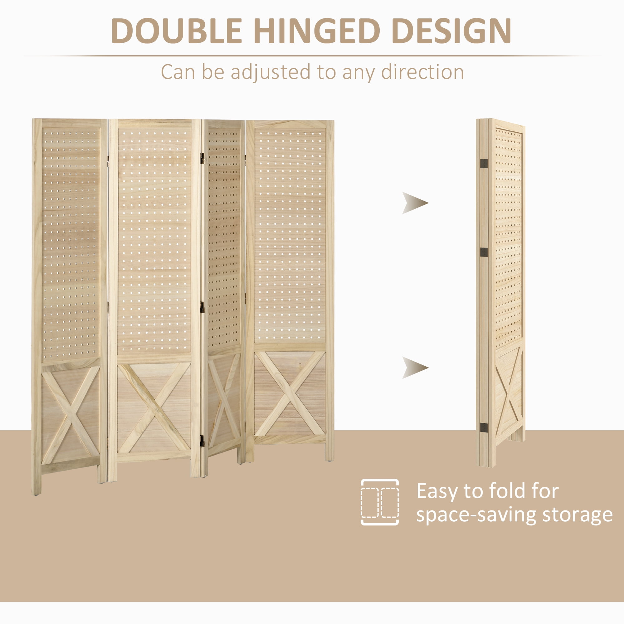 HOMCOM 4.7' 4 Panel Room Divider with Pegboard Display for Indoor, Natural
