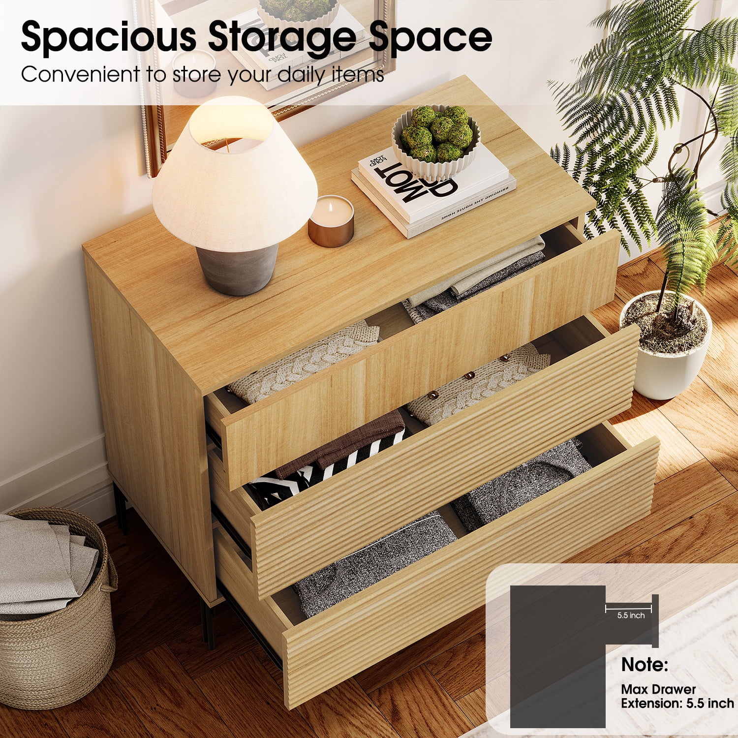 3 Drawer Reeded Dresser for Bedroom Set of 2, Minimalist Modern Chest of Drawers, Wood Storage 6 Drawer Dresser Organizer for Bedroom Living Room Hallway Closet