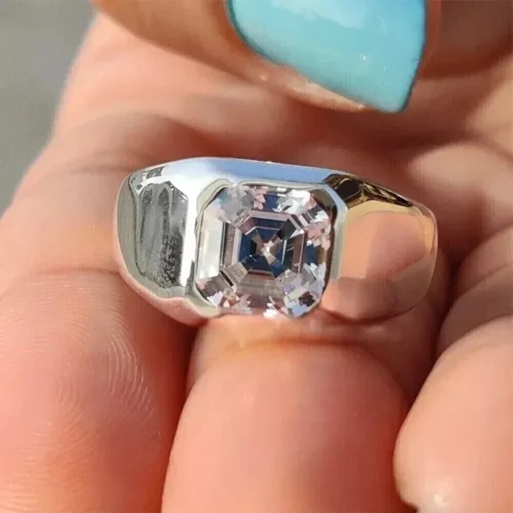 2.00Ct Asscher Cut Simulated Diamond Solitaire Men's Wedding Ring 14k White Gold Plated 925 Silver For Him