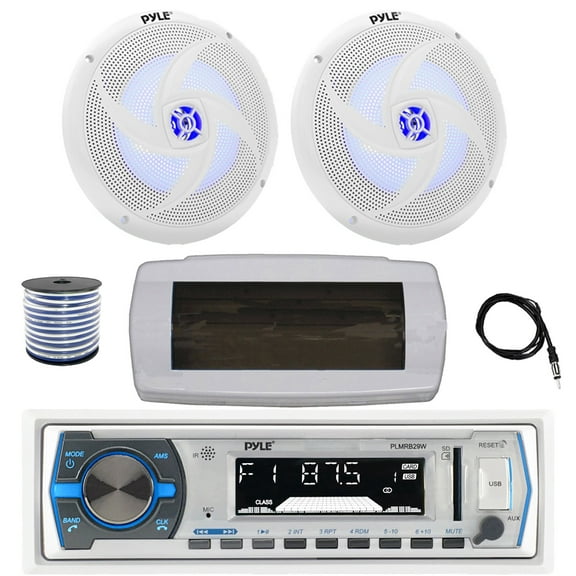 Pyle PLMRB29W Single DIN Bluetooth Marine MP3 AM/FM Stereo Receiver with White Cover, 22" Radio Antenna, Wire, 2x 8'' 320 Watt Max  2-Way Blue Flashing LED Boat Audio Speakers (White)