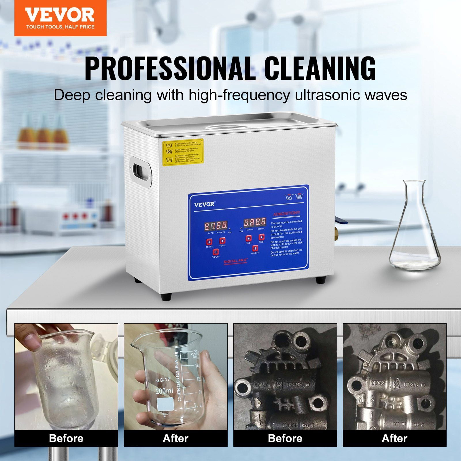 Professional 6L Ultrasonic Cleaner with Digital Timer Heater for Jewelry Glasses Watch Rings Small Parts Circuit Board Stainless Steel