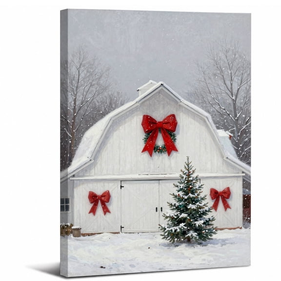 Christmas Barn Canvas Wall Art Framed,Red Bow Wreath Snowy Farmhouse Landscape canvas print for bathroom bedroom or living room decor,8x12in