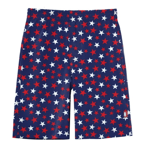 Boys UPF 50 Recycled Polyester Soft Stretch Below the Knee Printed Swim Board Shorts | USA Stars