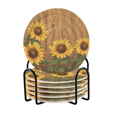 

6-Pack Coiled Coasters Set with Storage Rack Heat-Resistant for Home Office or Gift Wooden Background with Sunflowers (3.94in Diameter)
