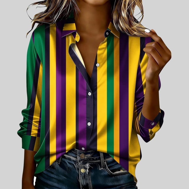 TaTaai Ladies Printed Carnival Blouse Long Sleeve Round Neck Casual Polyester Top Lightweight Festival Wear Size Up Advice Gift
