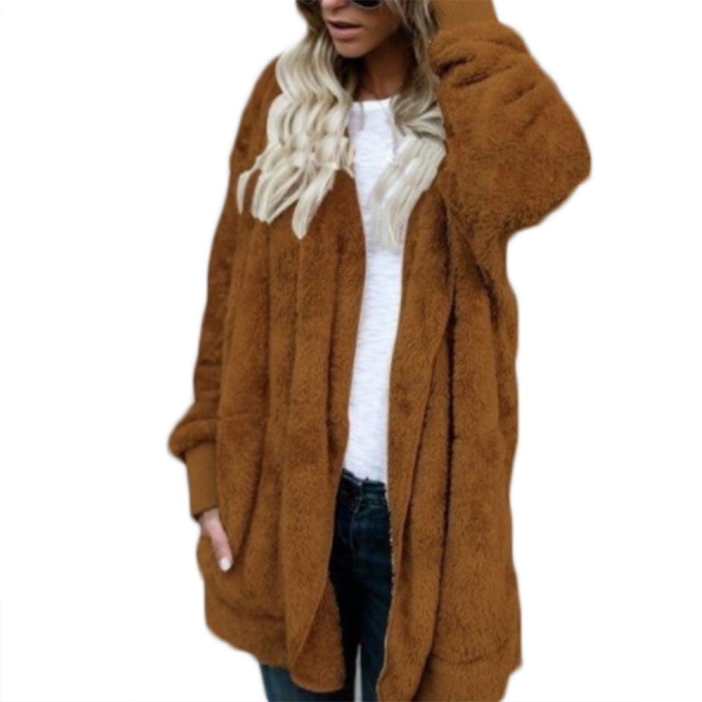 fublousRR5 Hooded Midi Coat Cardigan Women Plush Faux Fur Outerwear Warm Long Sleeve Trenchcoat