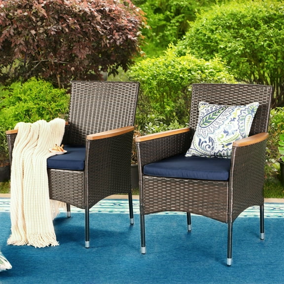 Alpha Joy Patio Rattan Dining Chairs Set of 2 with Blue Cushions