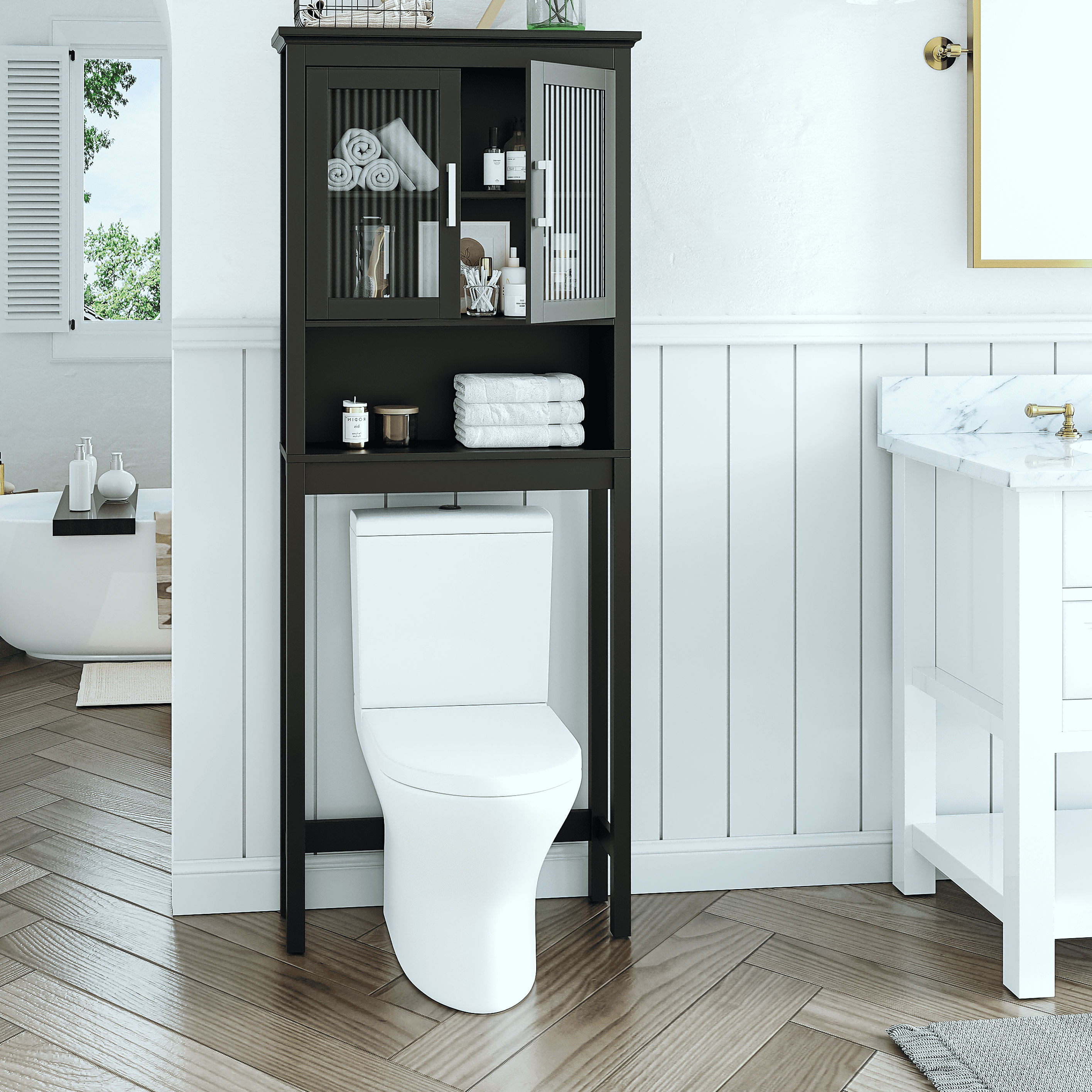 STAROUS Freestanding Bathroom Organizer with Tempered Glass - Espresso