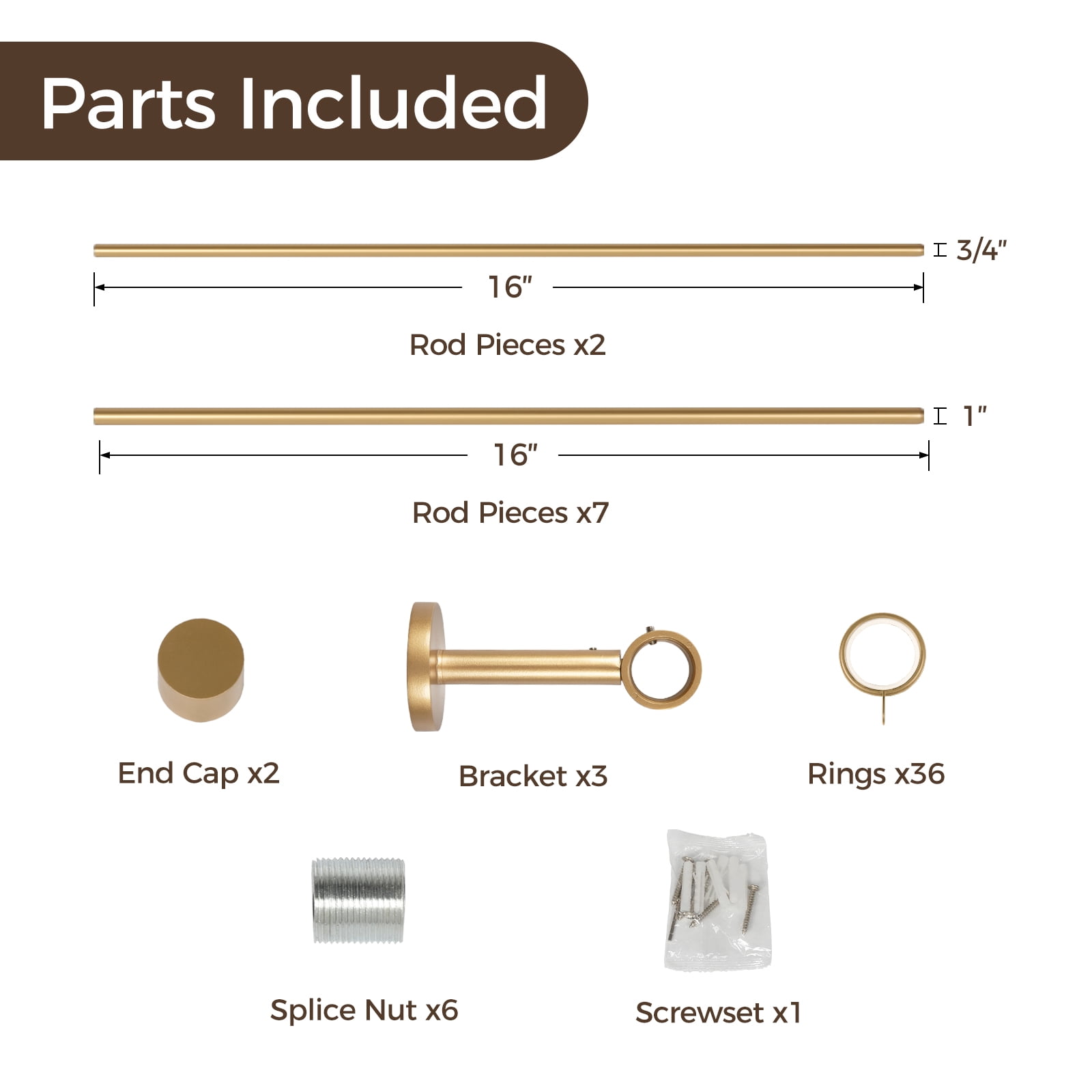 TWOPAGE Lucas Adjustable Gold Curtain Rod for 72-120 Windows, Heavy-duty carbon steel curtain rod with curtain rings