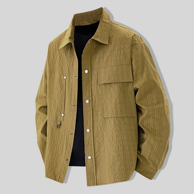 Blusa y camisa de manga larga con cuello vuelto para hombre, moda masculina, fina, color liso, manga larga, cuello, botón, bolsillo, abrigo grande, poliéster, parte superior