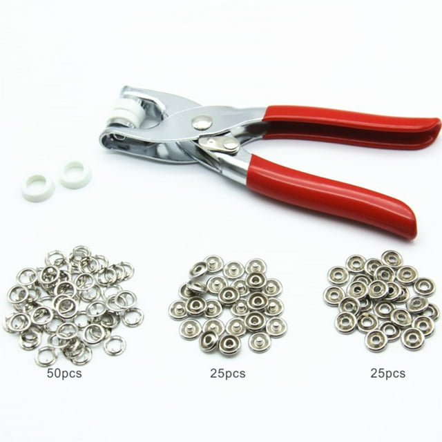 Kit d'Installation de Boucle à Cinq Griffes en Fer avec Poignée Rouge Pinces à Pression Manuelle Longueur 14,8 cm - Comprend 100 Attaches Creuses Argent 9.5mm/10mm pour Usines de Vêtements, Magasins, Ateliers de Réparation, Maison