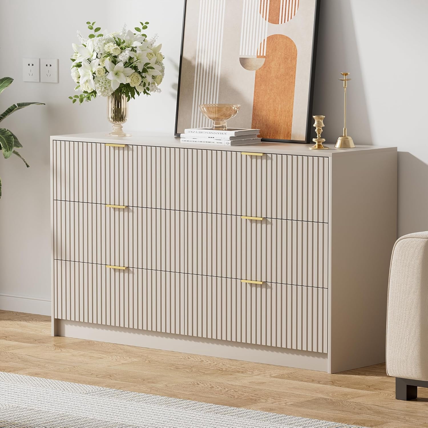 FURNIWAY Beige 6 Drawer Dresser for Bedroom, 55 Inch Wide Modern Chest of Drawers with Fluted Wood Front and Gold Metal Handles for Living Room Hallway