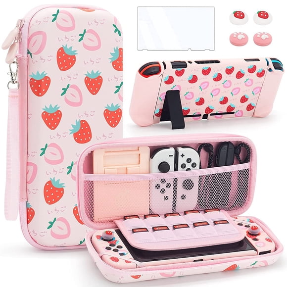 (Rosa fresa) Hermoso estuche de transporte para Nintendo Switch OLED 2021 en color rosa con estuche de viaje, estuche para PC, correa de hombro ajustable, agarre para el pulgar, pantalla