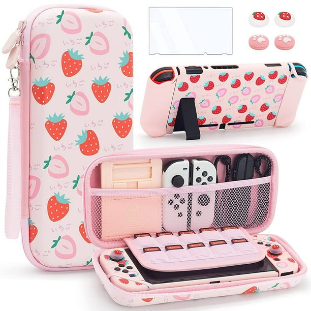 (Rosa fresa) Hermoso estuche de transporte para Nintendo Switch OLED 2021 en color rosa con estuche de viaje, estuche para PC, correa de hombro ajustable, agarre para el pulgar, pantalla
