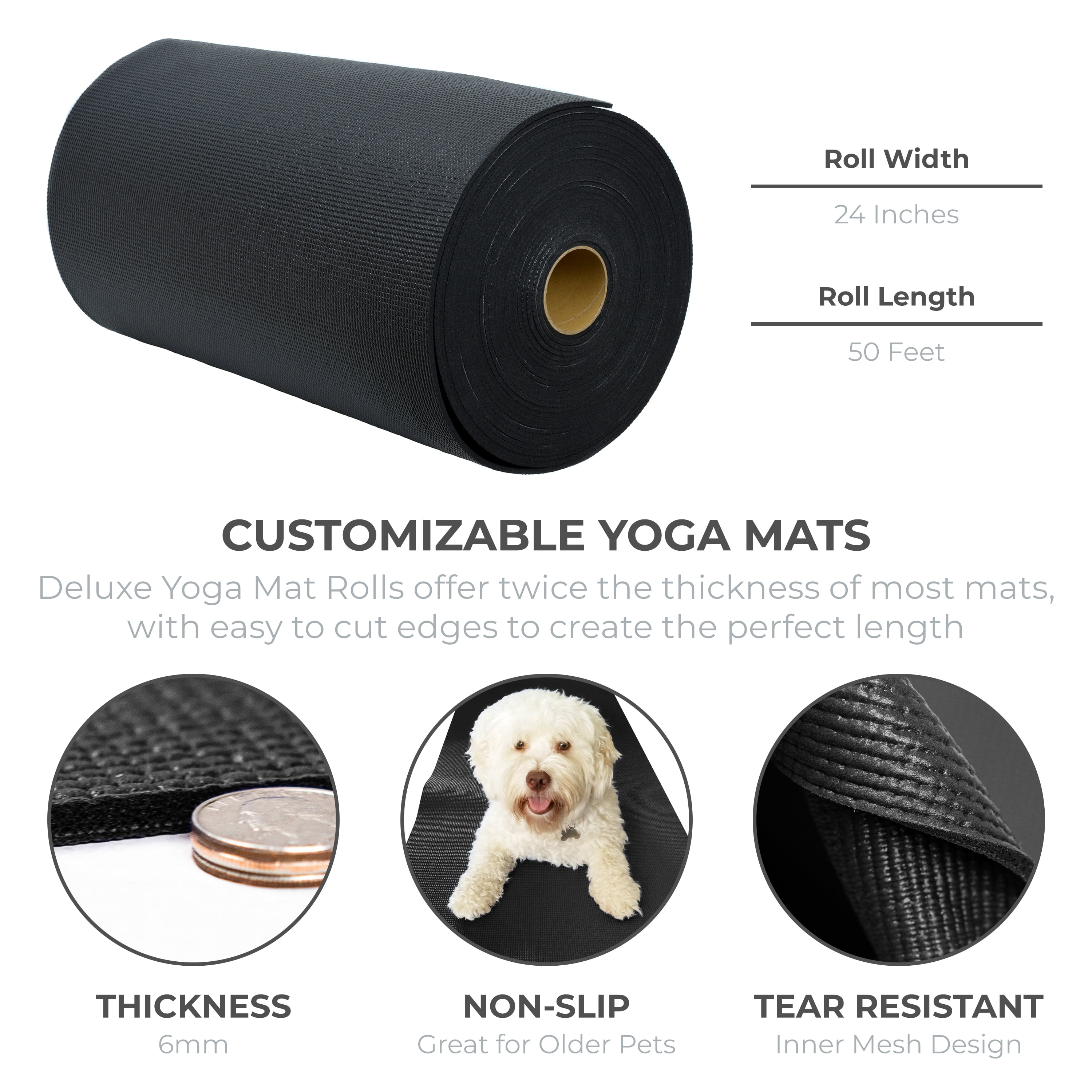Ascend Thick Yoga Mat Roll (24"x 6mm x 50 ft) (Black)