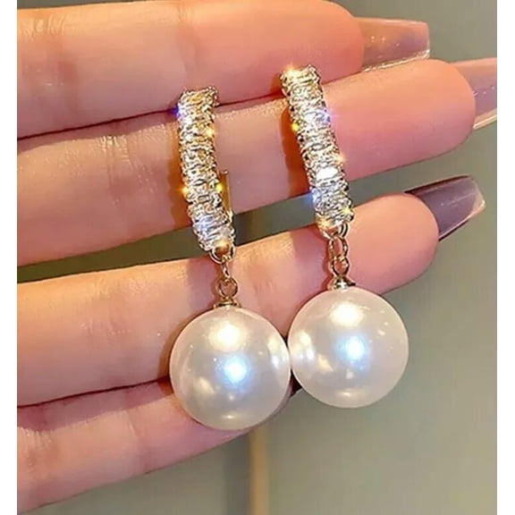 K-KED 2" Dangle Earrings Simulated Large Pearl Golden Rhinestones Fashion Jewelry