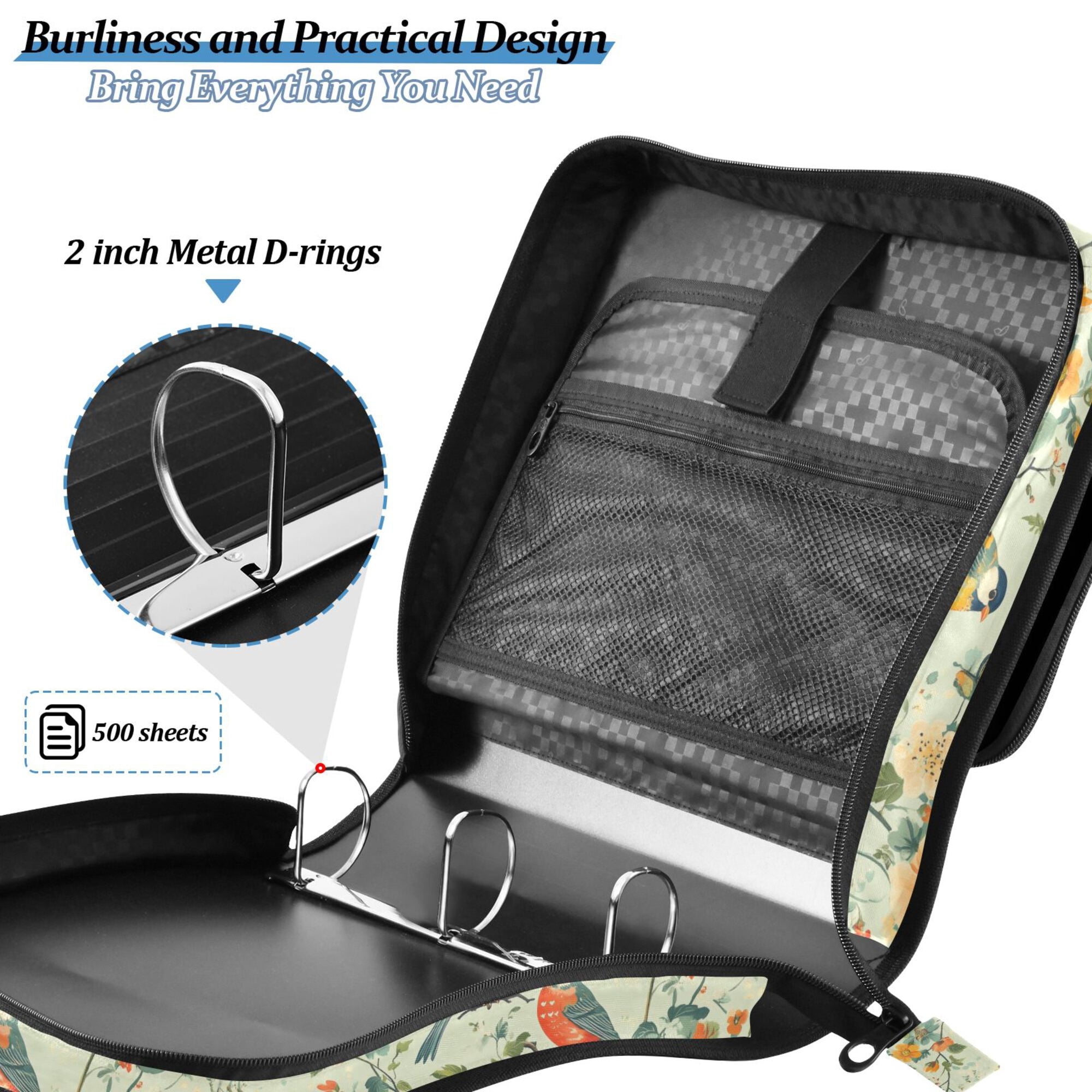 FORMRS Zipper Binder with Shoulder Strap 2-inch Ring 500 Sheet Capacity File Bag, Green Floral Pattern