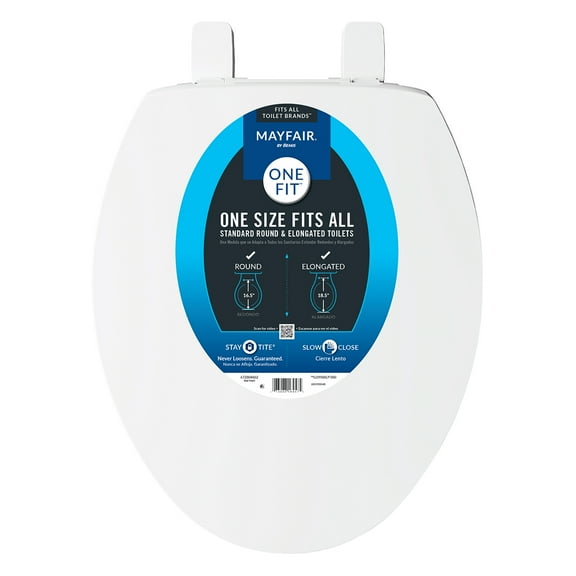 Mayfair By Bemis One Fit Plastic Toilet Seat in White with Adjustable Slow-Close Hinge and Stay·Tite