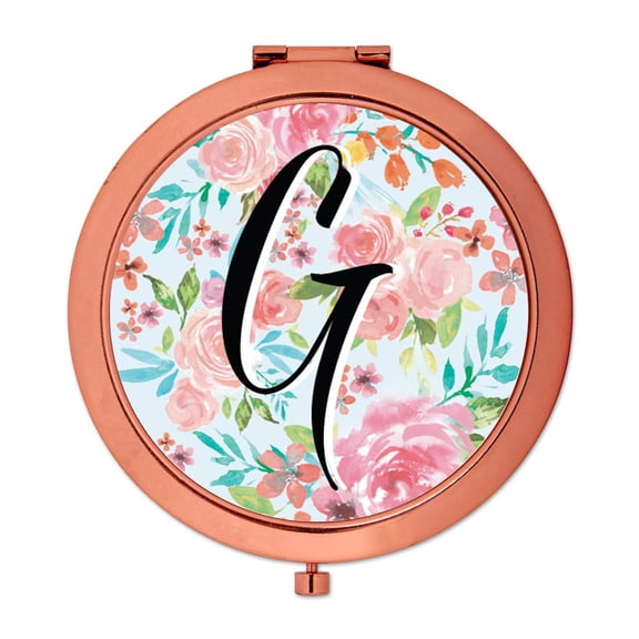 Koyal Wholesale Compact Mirror Bridesmaid's Wedding Gift, Rose Gold, Monogram Letter G, Tea Party Pink Floral Flowers