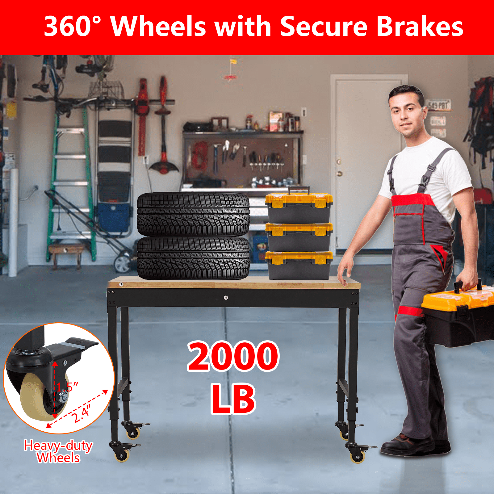 48" Adjustable Work Bench with Wheels, 2000 Lbs Capacity Rubber Wood Table Rolling Workbench