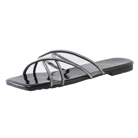 

Cathalem Fashion Spring And Summer Women Slippers Flat Bottom Open Toe Transparent Rhinestone Comfortable And Breathable Black 40