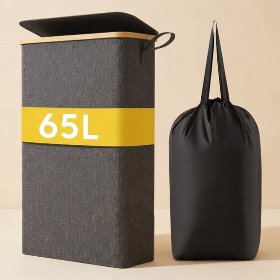 Norcho 65L Slim Laundry Hamper with Lid, Narrow Collapsible Laundry Basket with Removable Bag and Bamboo Handles, Dark Gray