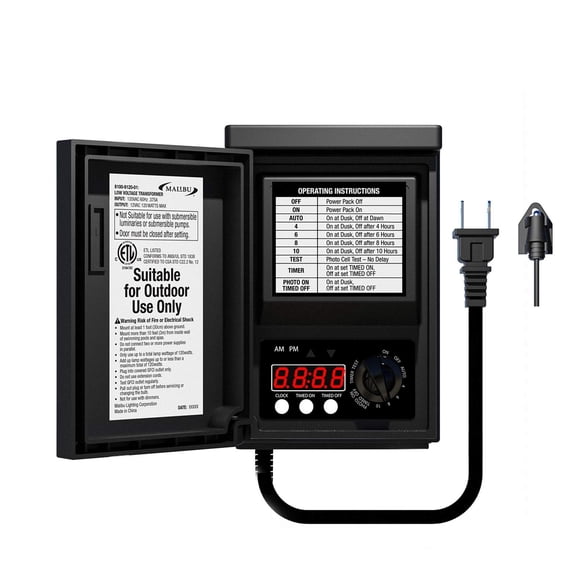 Malibu Paquete de energía de 120 vatios con sensor y protector contra la intemperie para iluminación de paisaje de bajo voltaje Foco Transformador para exteriores Entrada de 120 V Salida de 12 V 8100-
