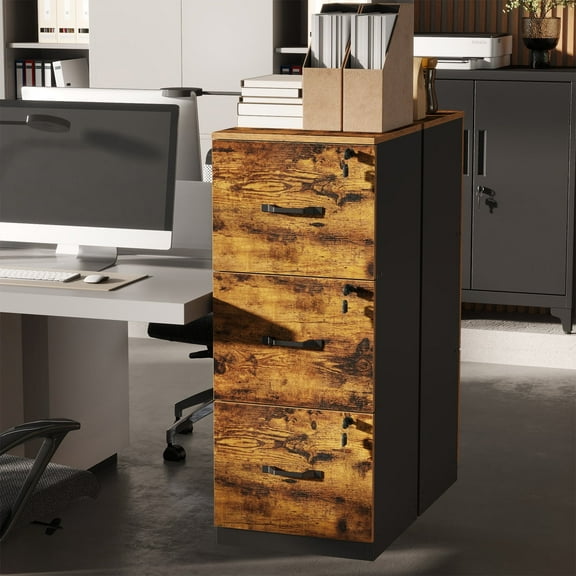 LEDREM 3-Drawer Vertical File Cabinet, Space-Saving Storage for Office, Bedroom, A4 Letter Size, Lockable Drawers, Rustic Brown and Black