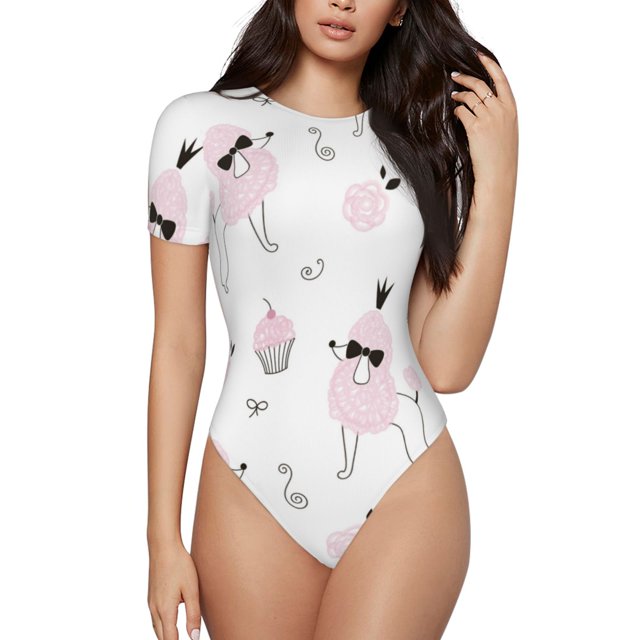 Balery Cute Poodle Dog Body de cuello redondo de manga corta para mujer Tops de manga corta Tops básicos-XX-Large