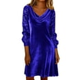 thumbnail image 2 of Maqroz Womens Long Sleeve Velvet Dresses 2026 Trendy Casual Cowl Neck Mini Dress Sequin Patchwork Party Cocktail Dress for Spring Plus Size Dark Blue XL, 2 of 8