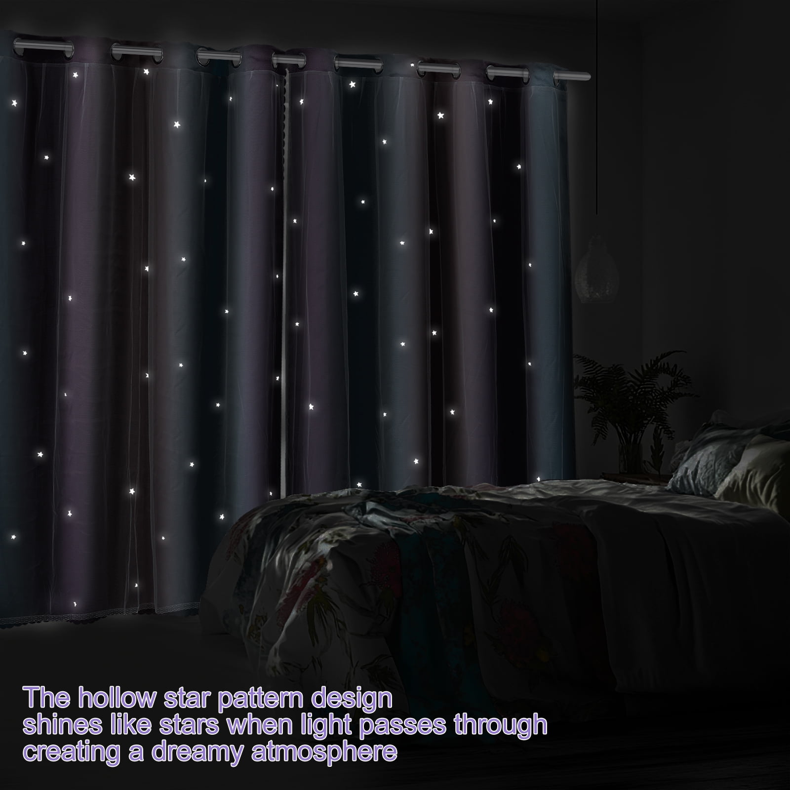 Dznils Star Ombre Printed Grommet Sheer Blackout Curtain Panel Set, 4 Piece, Purple, 52" W x 72" L