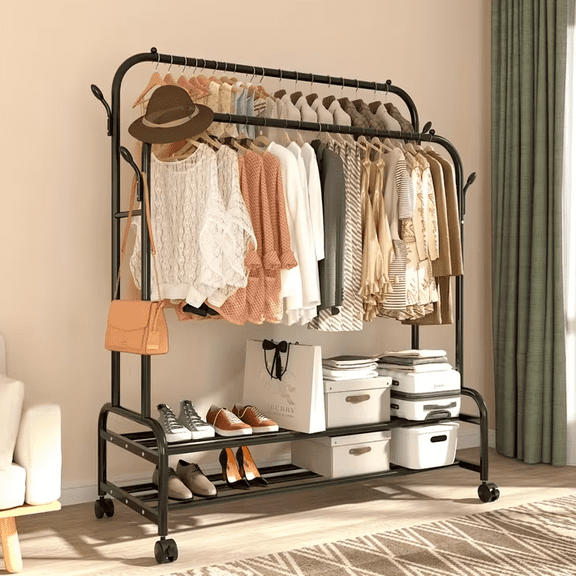 Black Heavy Duty Metal Double Rod Clothes Rack with Wheels, Shelves & Hooks, Rolling Garment Rack for Bedroom Closet