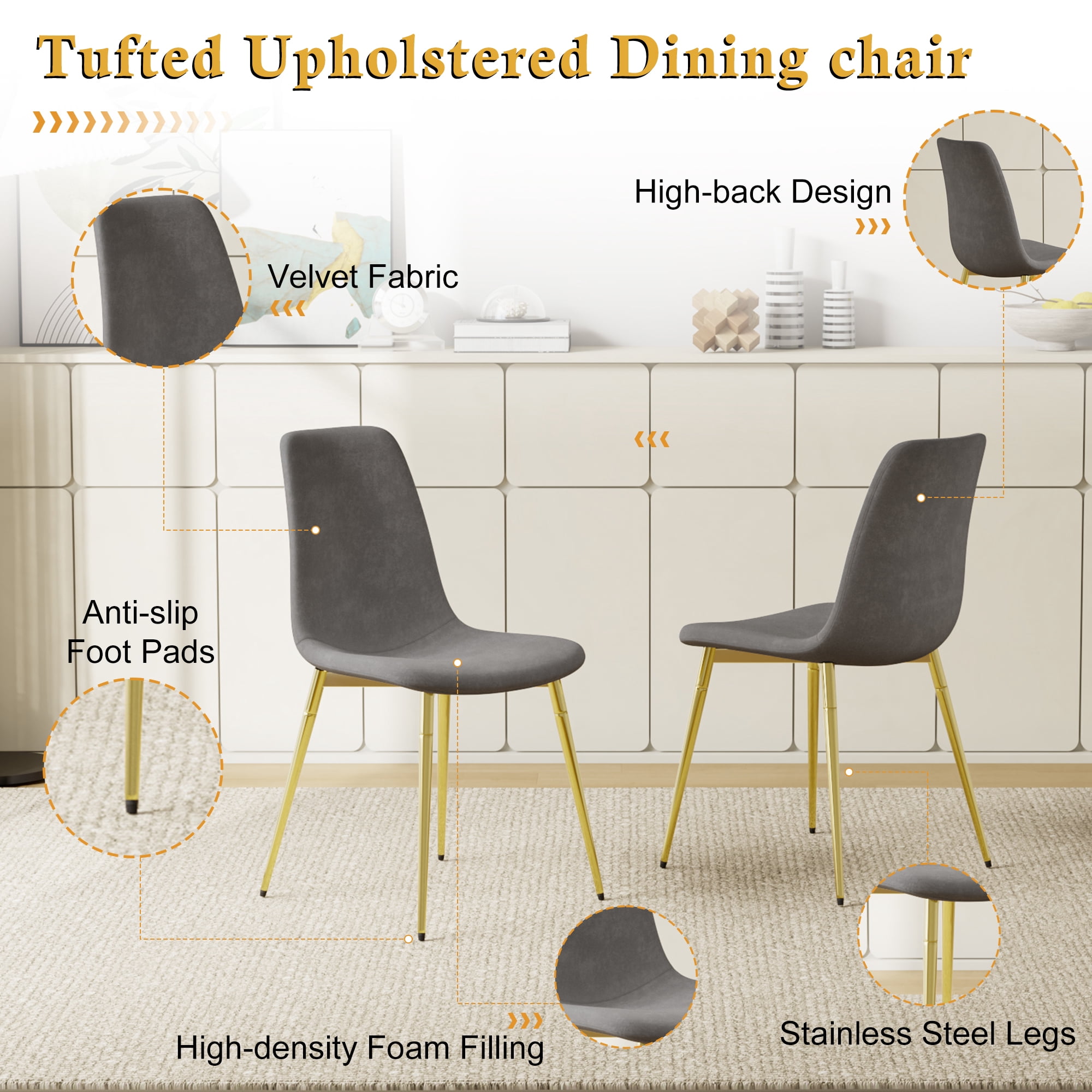 5-Piece 36" Square Glass Dining Set, Clear Tempered Glass Table & 4 Velvet Chairs with Stainless Steel Legs for Kitchen, Meeting Room