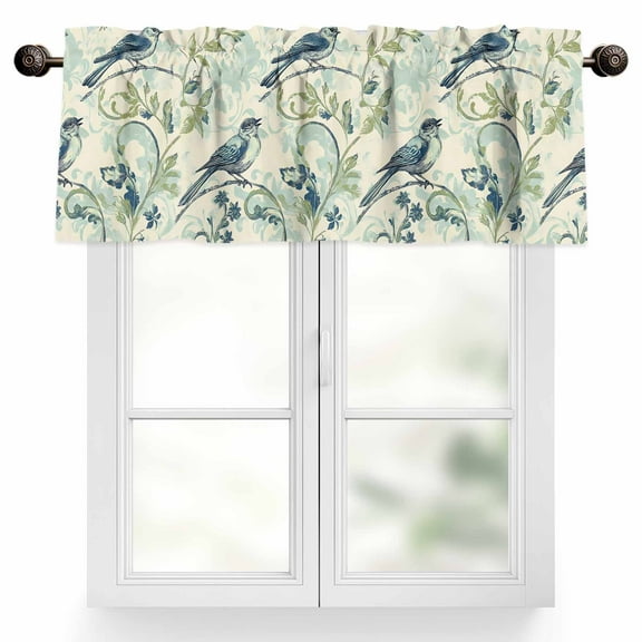 Watercolor Blue Green Bird Valances for Windows, 42 x 18in, Leaf Green Brach Vintage Rod Pocket Kitchen Valance Curtain Light Filtering Window Treatments for Living Room Bedroom, 1 Panel
