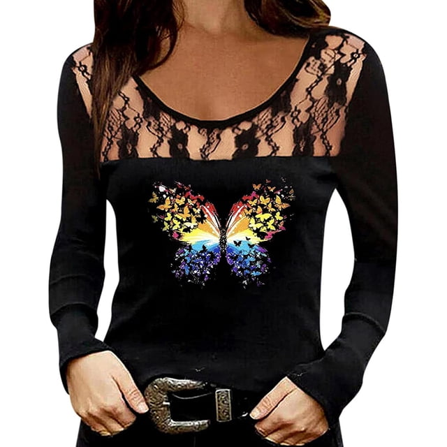 Blusa de manga larga informal con estampado de amor hueco de encaje con cuello redondo para mujer Pompotops gfhjh17416