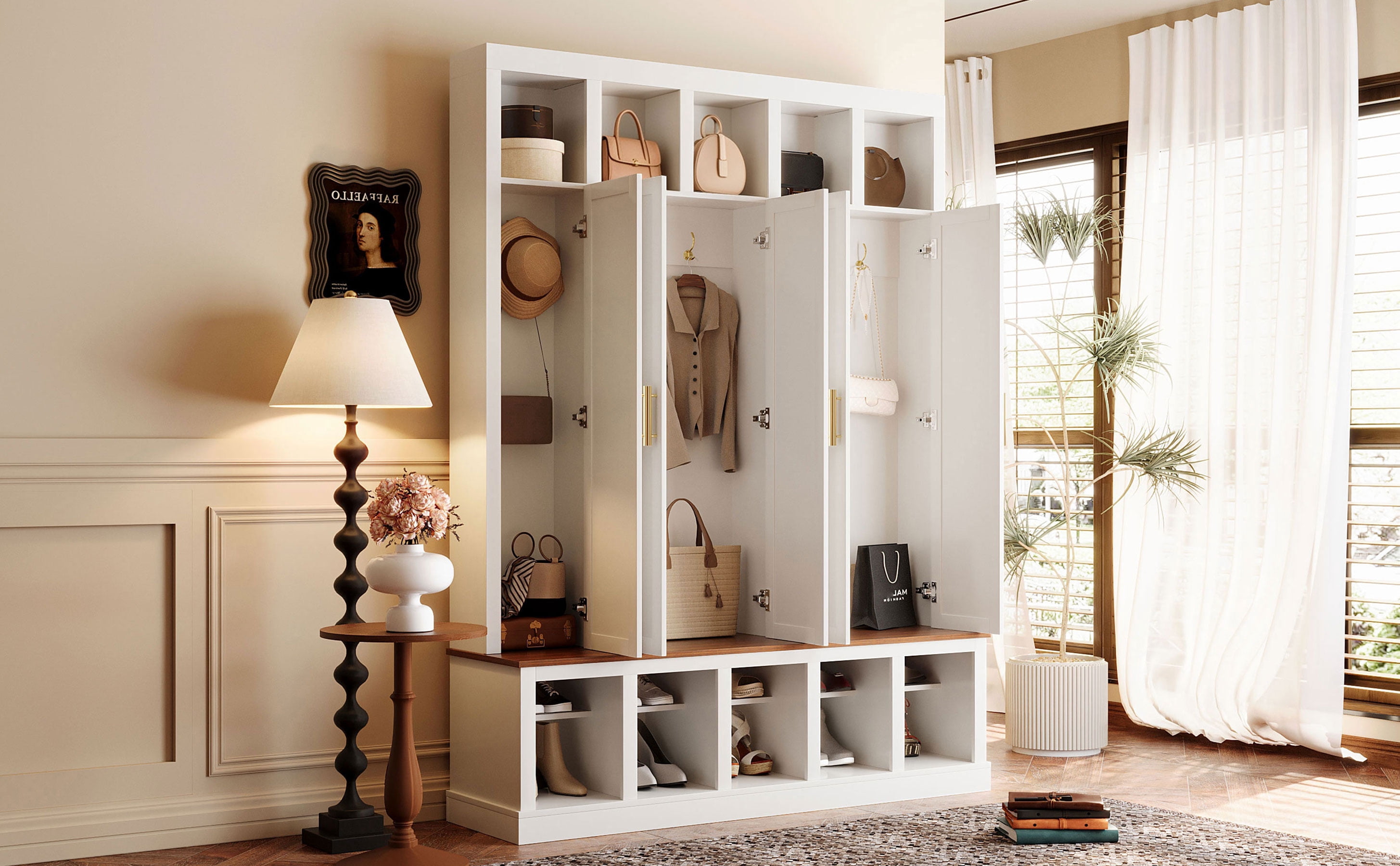 Mintazer 76” Tall Farmhouse Hall Tree with Shoe Rack Bench & Display Cubbies, Storage Cabinet with 3 Doors Closet for Entryway, Living Room, Bedroom, White